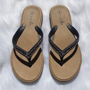 Just Be Black and Silver Rhinestone Flip Flops